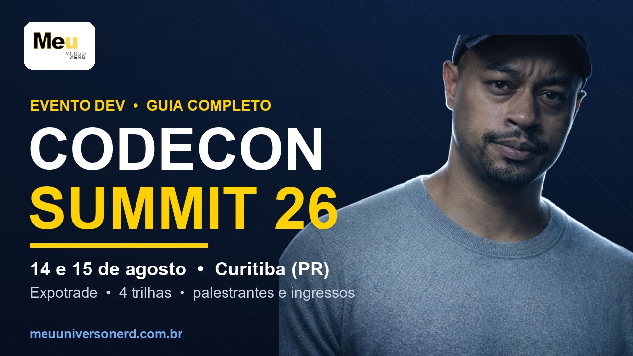 Arte do evento Codecon Summit 26, 14 e 15 de agosto em Curitiba, com a marca Meu Universo Nerd