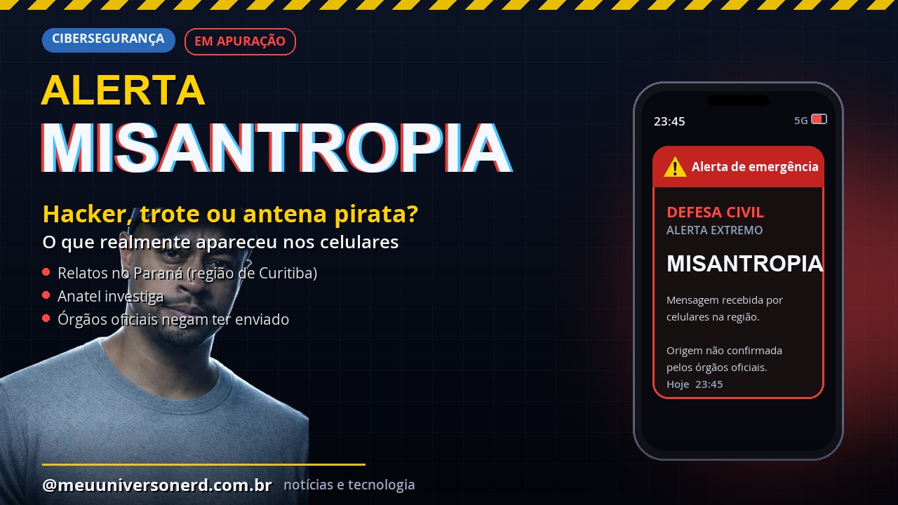 Celular exibindo o falso alerta da Defesa Civil com a palavra Misantropia